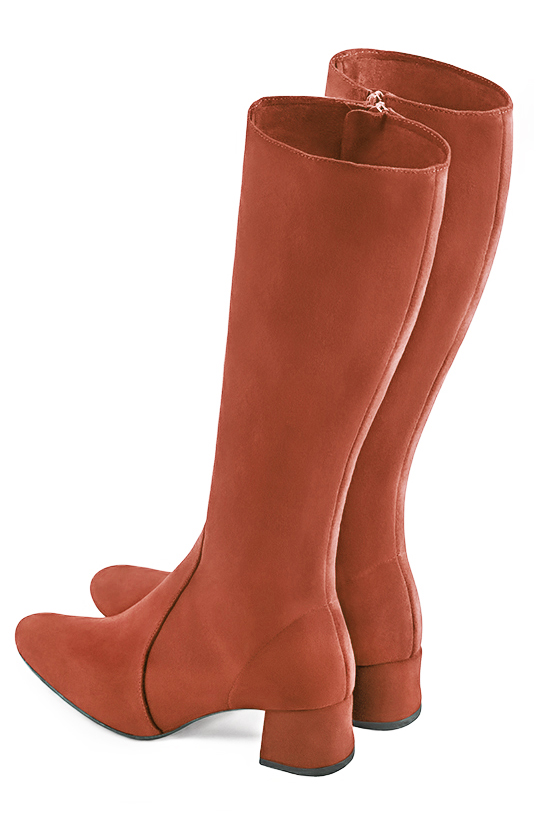 Terracotta orange women's feminine knee-high boots. Round toe. Low flare heels. Made to measure. Top view - Florence KOOIJMAN